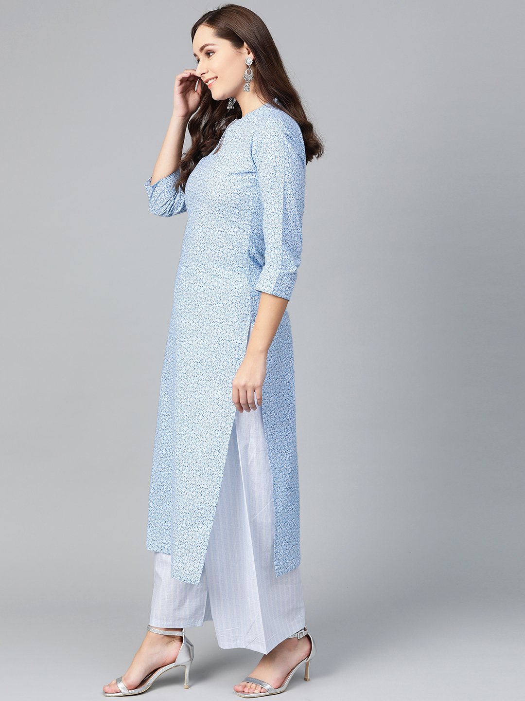 Women Blue & White Straight Floral Printed Kurta And Palazzos Set | LASVINI - Redefining Indian Fashion with Elegance