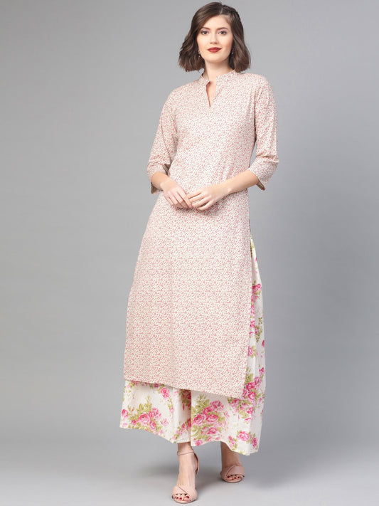 Women Off White & Pink Straight Floral Printed Kurta And Skirt Set | LASVINI - Redefining Indian Fashion with Elegance