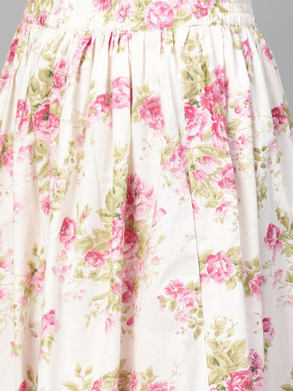 Women Off White & Pink Straight Floral Printed Kurta And Skirt Set | LASVINI - Redefining Indian Fashion with Elegance