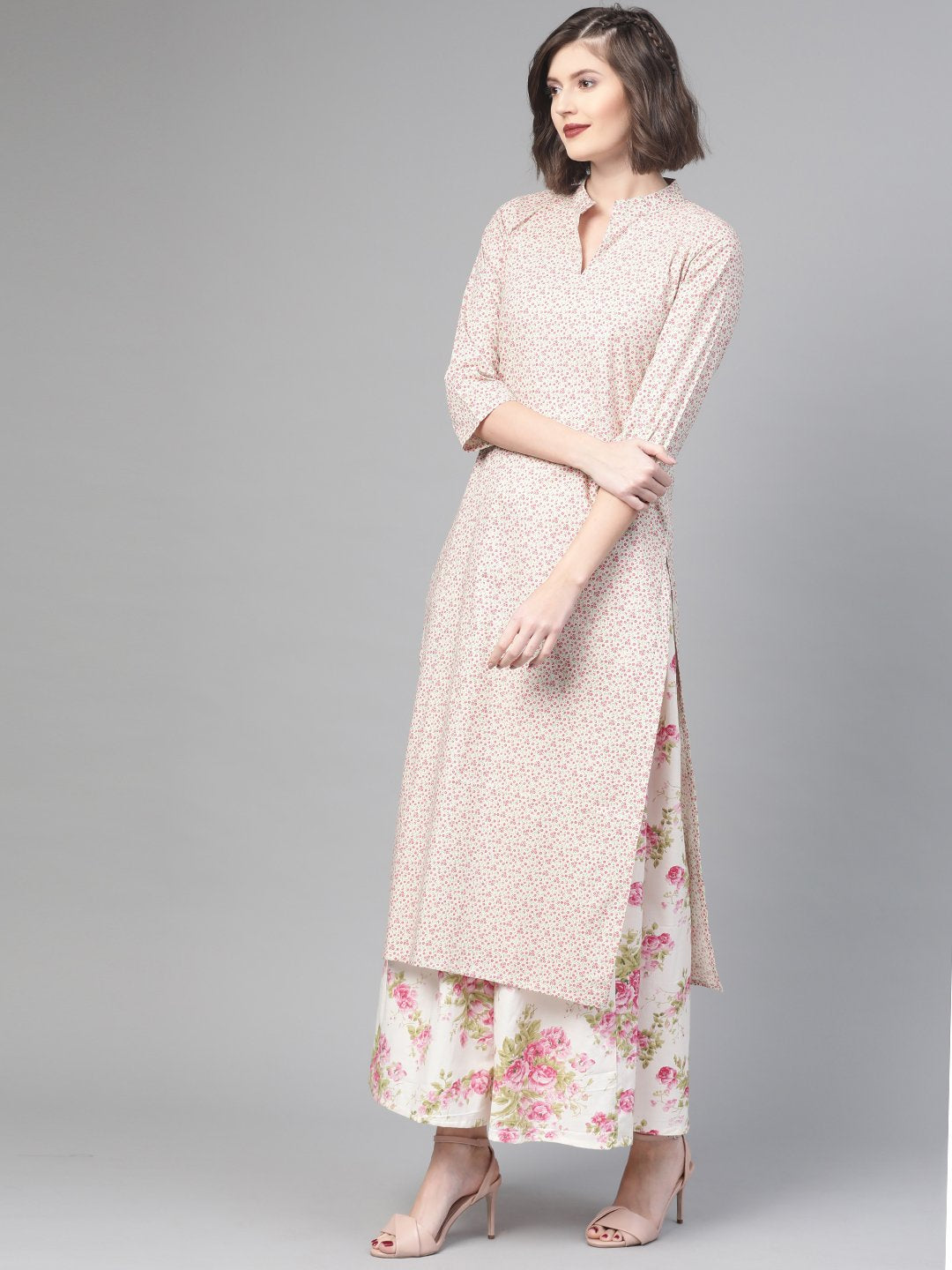 Women Off White & Pink Straight Floral Printed Kurta And Skirt Set | LASVINI - Redefining Indian Fashion with Elegance