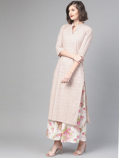 Women Off White & Pink Straight Floral Printed Kurta And Skirt Set | LASVINI - Redefining Indian Fashion with Elegance