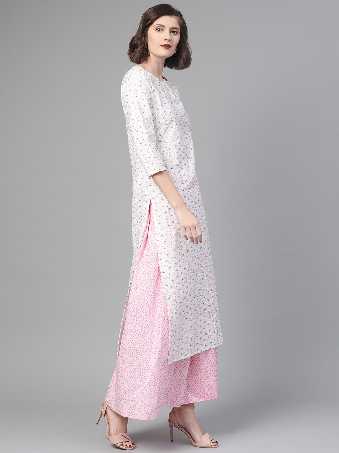 Women White & Pink  Straight Floral Printed Kurta And Skirt Set | LASVINI - Redefining Indian Fashion with Elegance
