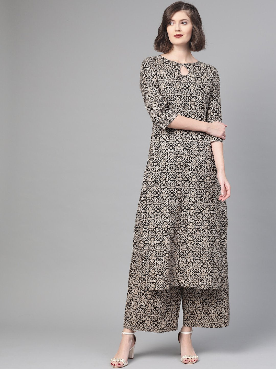 Women Black & Beige Straight Ethnic Motifs Printed Kurta And Palazzos Set | LASVINI - Redefining Indian Fashion with Elegance