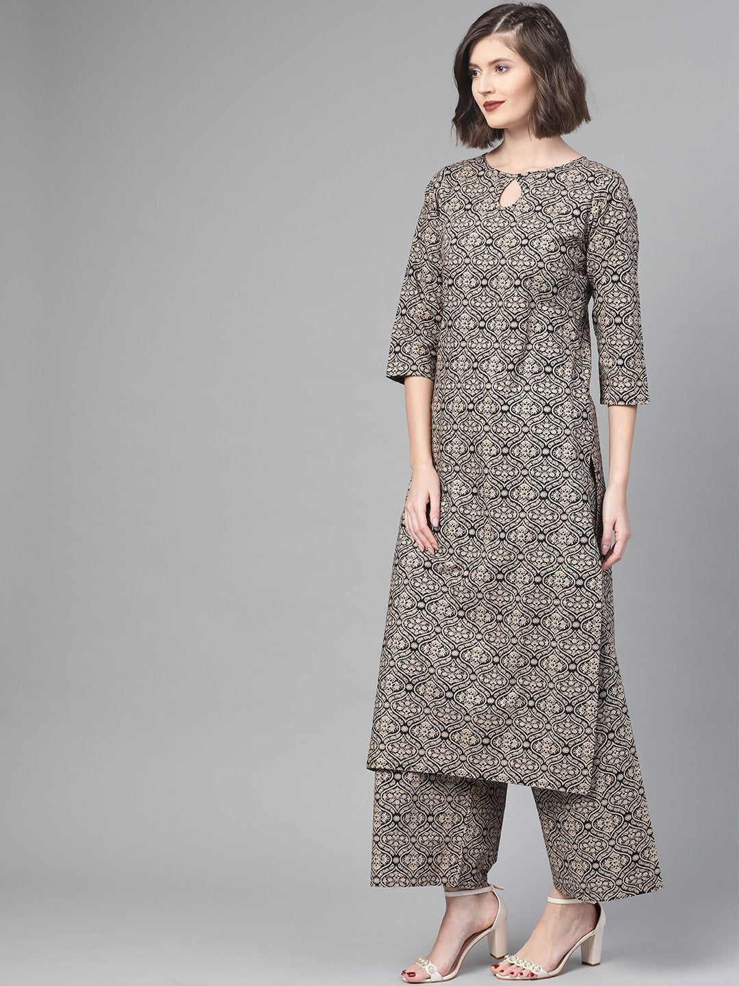 Women Black & Beige Straight Ethnic Motifs Printed Kurta And Palazzos Set | LASVINI - Redefining Indian Fashion with Elegance