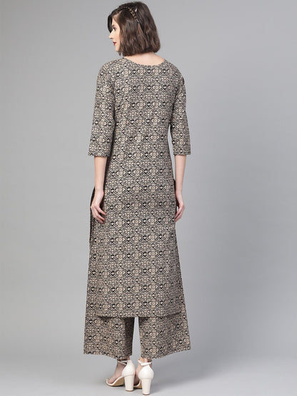 Women Black & Beige Straight Ethnic Motifs Printed Kurta And Palazzos Set | LASVINI - Redefining Indian Fashion with Elegance