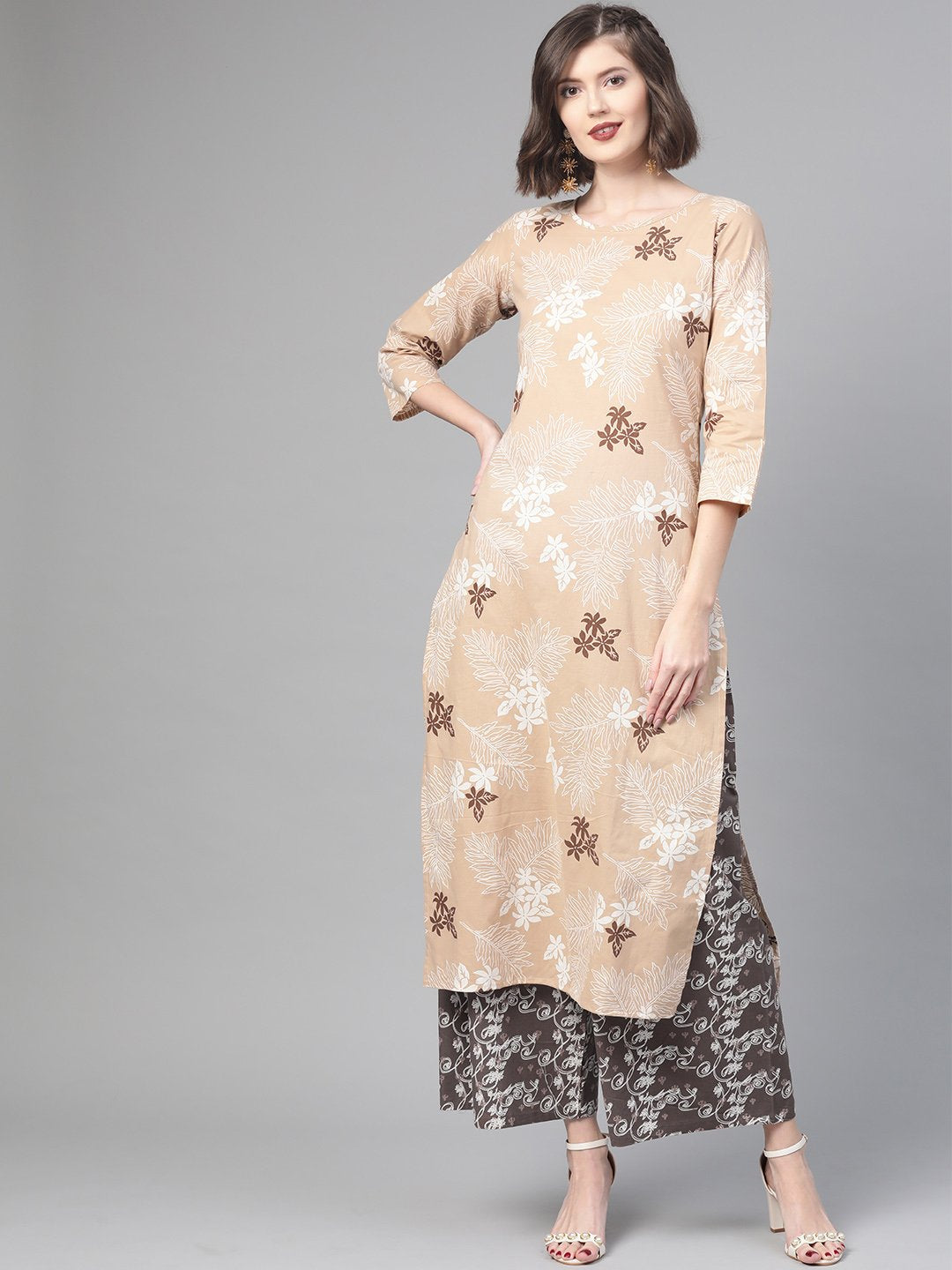 Women Beige & Off White Straight Floral Printed Kurta And Palazzos Set | LASVINI - Redefining Indian Fashion with Elegance