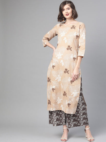 Women Beige & Off White Straight Floral Printed Kurta And Palazzos Set | LASVINI - Redefining Indian Fashion with Elegance
