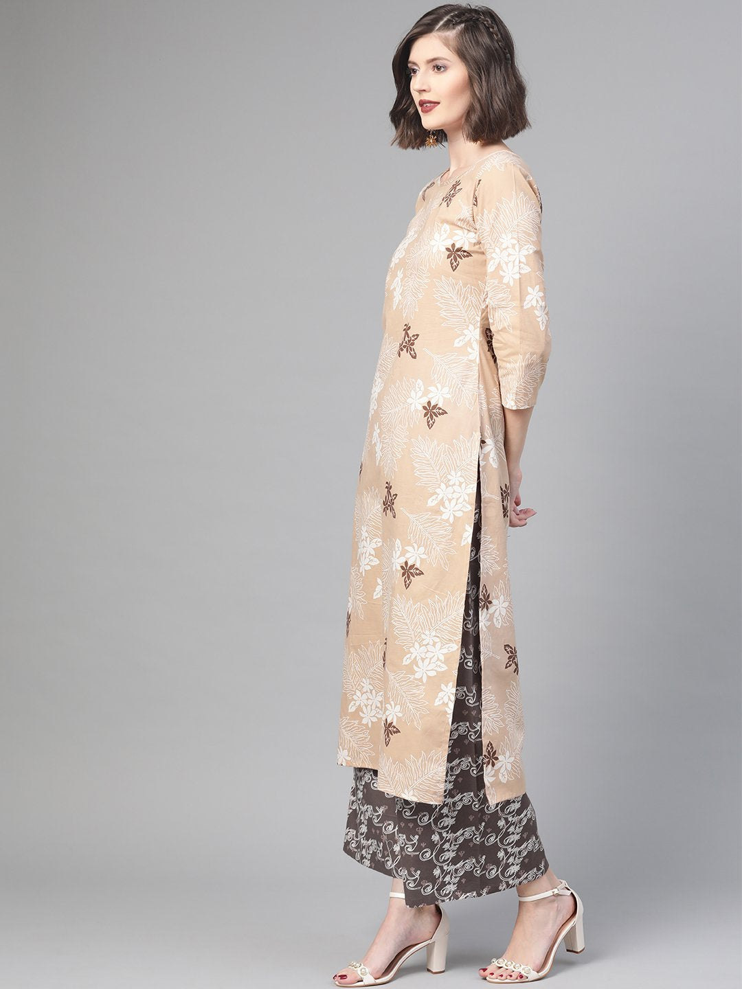 Women Beige & Off White Straight Floral Printed Kurta And Palazzos Set | LASVINI - Redefining Indian Fashion with Elegance