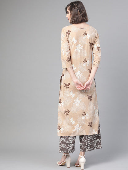 Women Beige & Off White Straight Floral Printed Kurta And Palazzos Set | LASVINI - Redefining Indian Fashion with Elegance