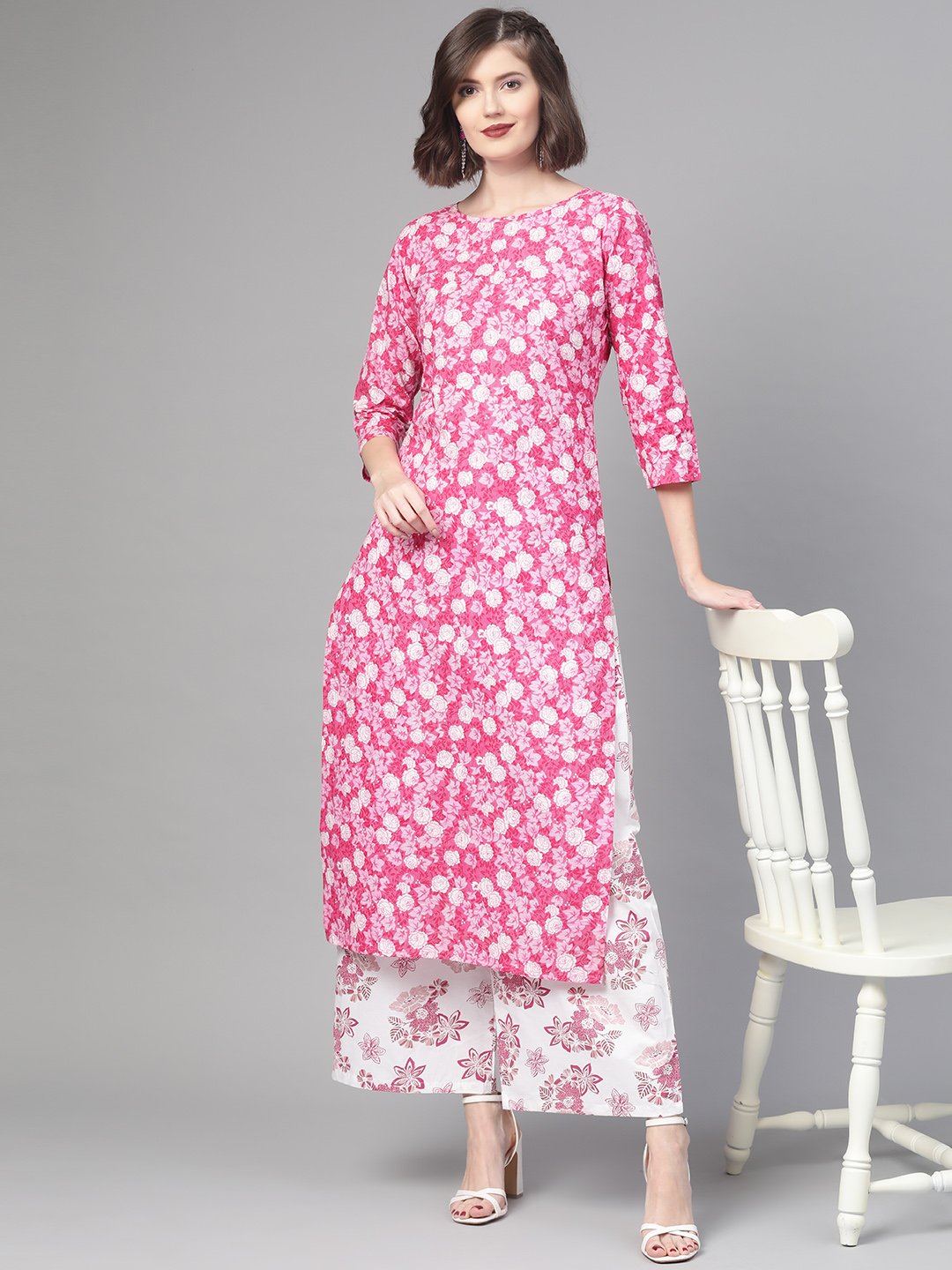 Women Pink & White Straight Floral Printed Kurta And Palazzos Set | LASVINI - Redefining Indian Fashion with Elegance