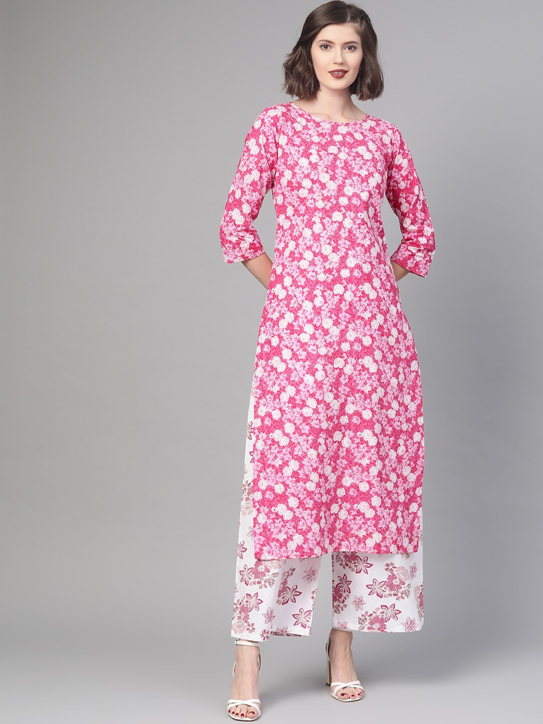 Women Pink & White Straight Floral Printed Kurta And Palazzos Set | LASVINI - Redefining Indian Fashion with Elegance