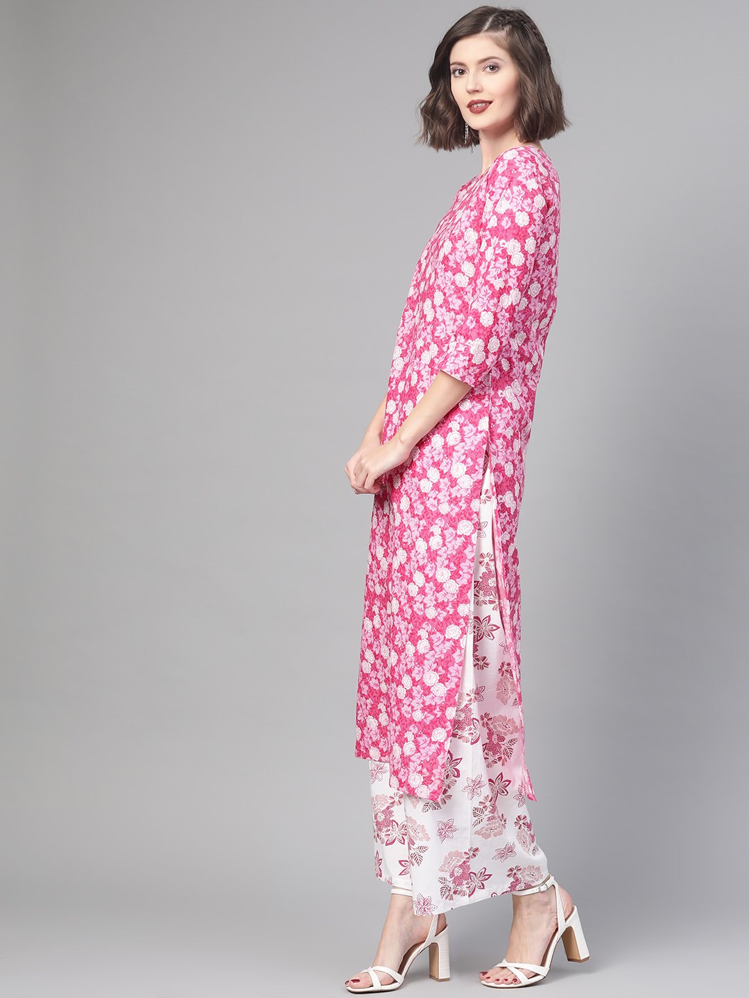 Women Pink & White Straight Floral Printed Kurta And Palazzos Set | LASVINI - Redefining Indian Fashion with Elegance