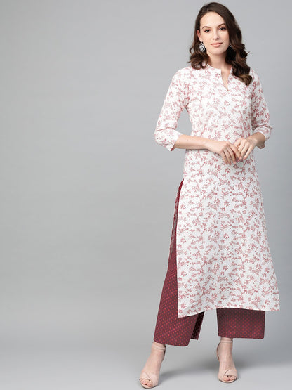Women Off White & Red Straight Floral Printed Kurta And Palazzos Set | LASVINI - Redefining Indian Fashion with Elegance