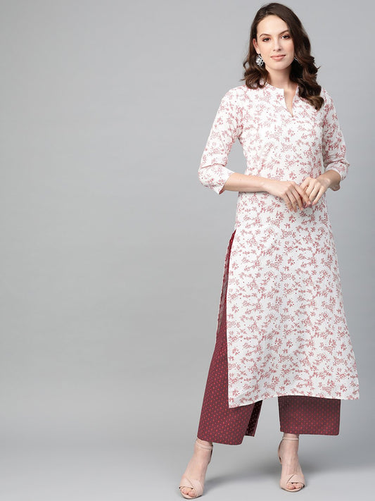 Women Off White & Red Straight Floral Printed Kurta And Palazzos Set | LASVINI - Redefining Indian Fashion with Elegance