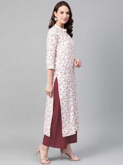 Women Off White & Red Straight Floral Printed Kurta And Palazzos Set | LASVINI - Redefining Indian Fashion with Elegance