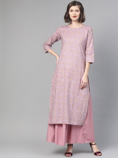 Women Mauve & Pink Straight Floral Printed Kurta And Skirt Set | LASVINI - Redefining Indian Fashion with Elegance