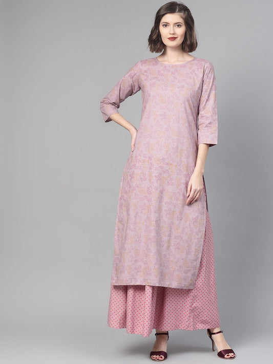 Women Mauve & Pink Straight Floral Printed Kurta And Skirt Set | LASVINI - Redefining Indian Fashion with Elegance