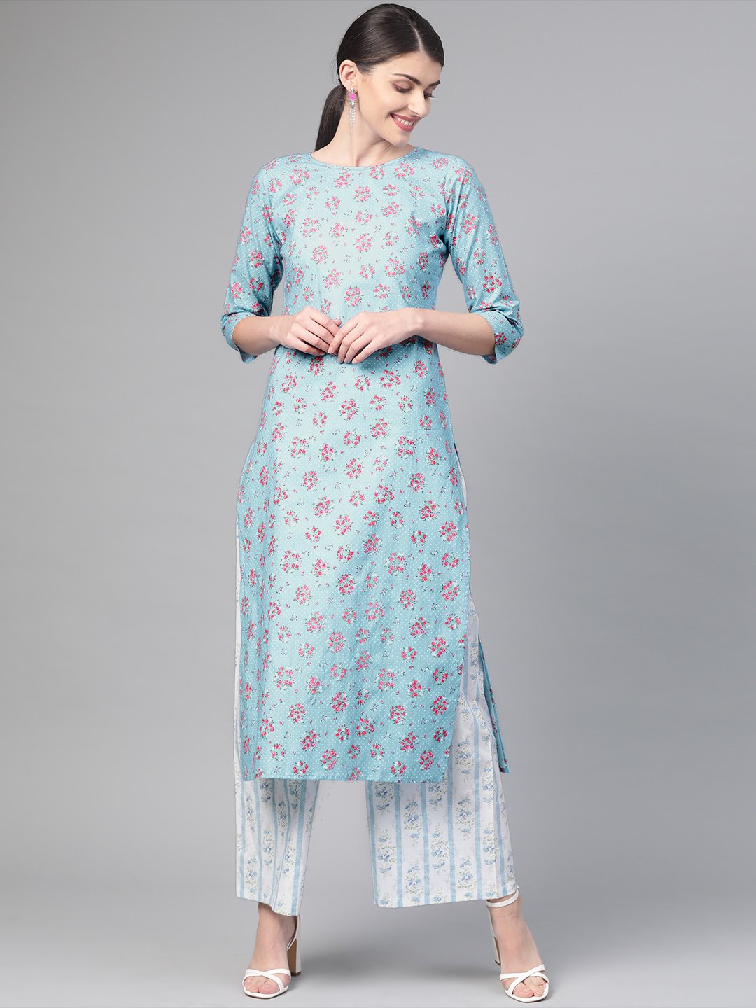 Women Blue & Pink Straight Floral Printed Kurta And Palazzos Set | LASVINI - Redefining Indian Fashion with Elegance