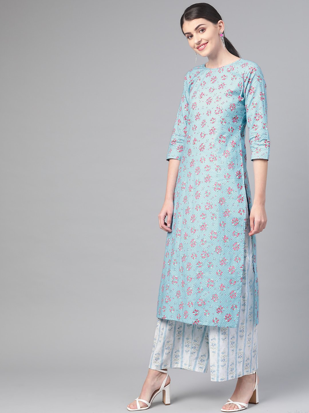 Women Blue & Pink Straight Floral Printed Kurta And Palazzos Set | LASVINI - Redefining Indian Fashion with Elegance