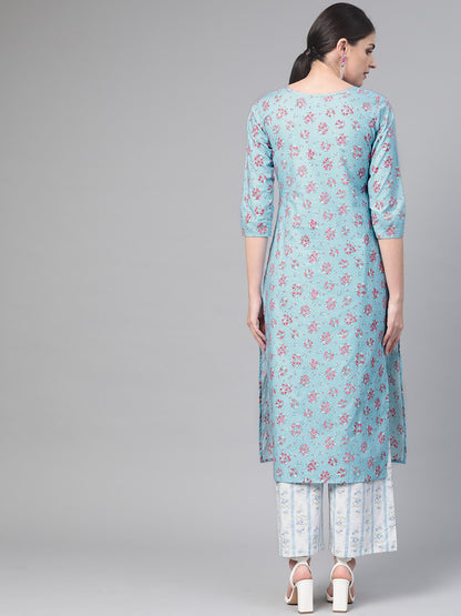 Women Blue & Pink Straight Floral Printed Kurta And Palazzos Set | LASVINI - Redefining Indian Fashion with Elegance