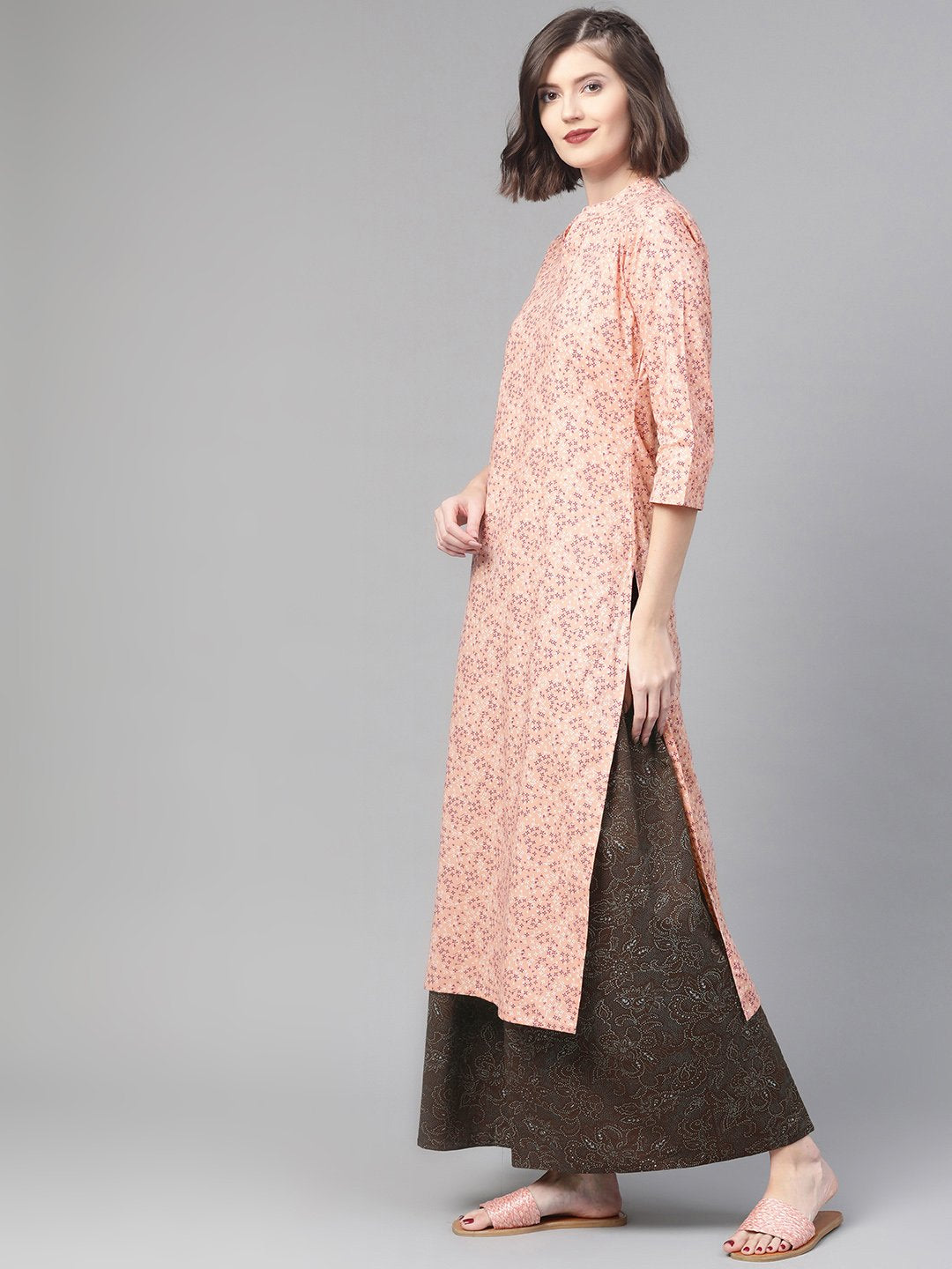 Women Peach & Purple Straight Floral Printed Kurta And Skirt Set | LASVINI - Redefining Indian Fashion with Elegance