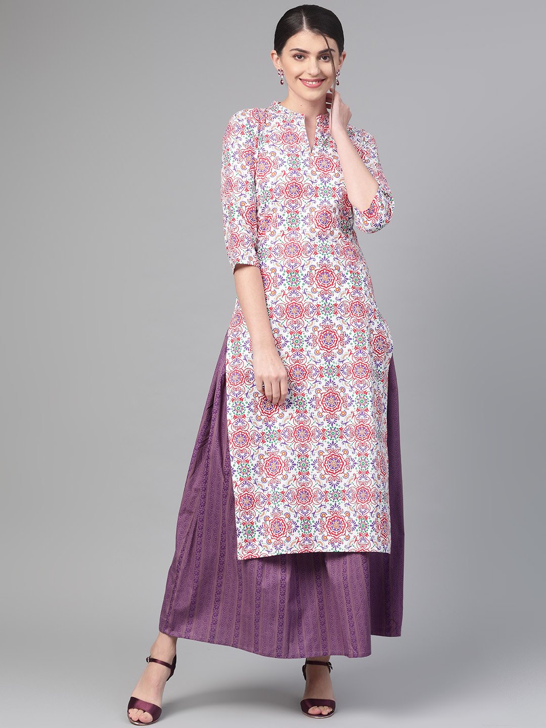 Women White & Red Straight Ethnic Motifs Printed Kurta And Skirt Set | LASVINI - Redefining Indian Fashion with Elegance
