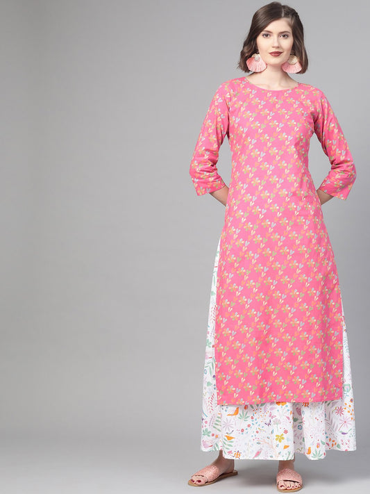 Women Pink & Multi Straight Floral Printed Kurta And Skirt Set | LASVINI - Redefining Indian Fashion with Elegance