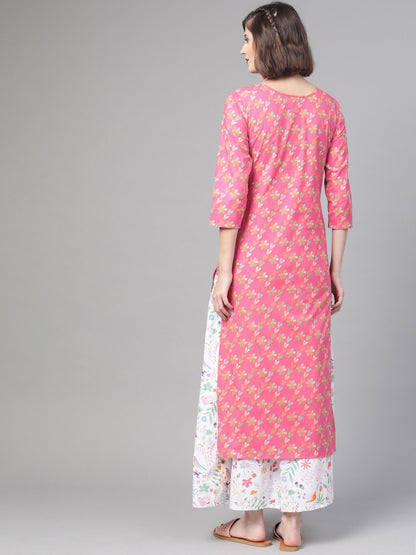 Women Pink & Multi Straight Floral Printed Kurta And Skirt Set | LASVINI - Redefining Indian Fashion with Elegance