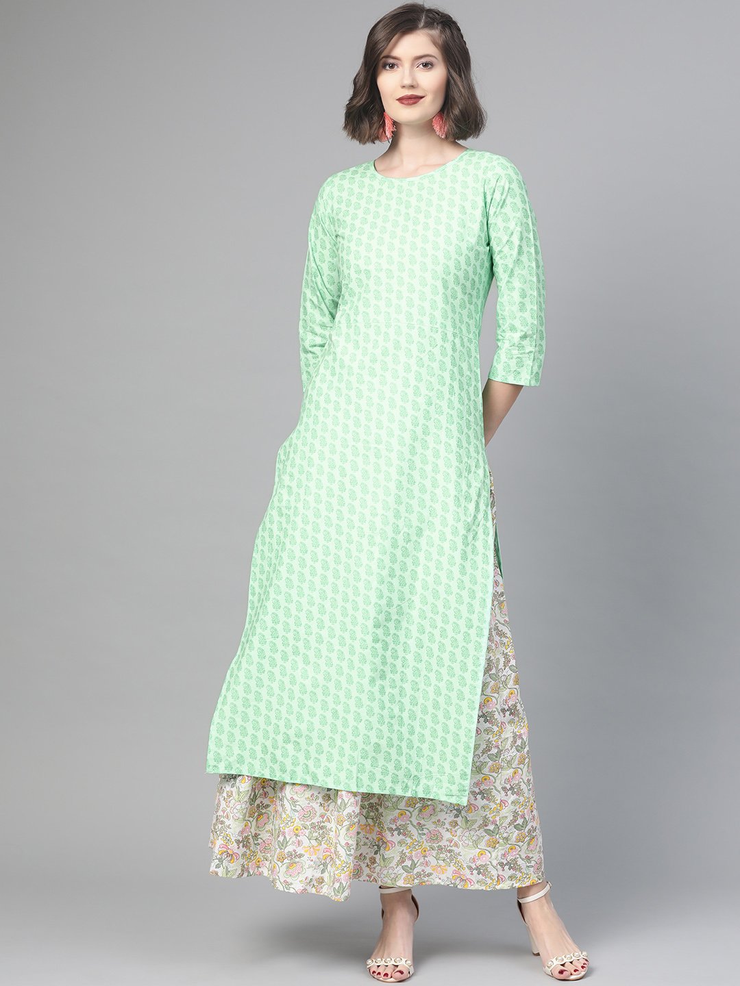 Women Green & Pink Straight Ethnic Motifs Printed Kurta And Skirt Set | LASVINI - Redefining Indian Fashion with Elegance