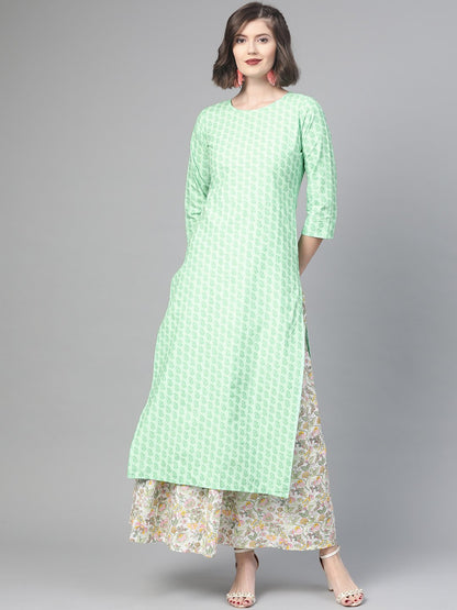 Women Green & Pink Straight Ethnic Motifs Printed Kurta And Skirt Set | LASVINI - Redefining Indian Fashion with Elegance