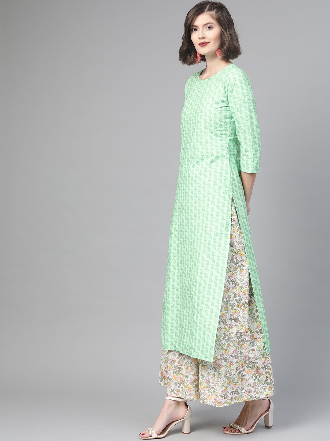 Women Green & Pink Straight Ethnic Motifs Printed Kurta And Skirt Set | LASVINI - Redefining Indian Fashion with Elegance