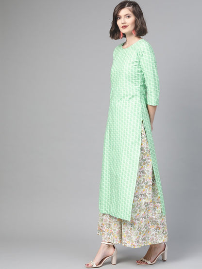 Women Green & Pink Straight Ethnic Motifs Printed Kurta And Skirt Set | LASVINI - Redefining Indian Fashion with Elegance