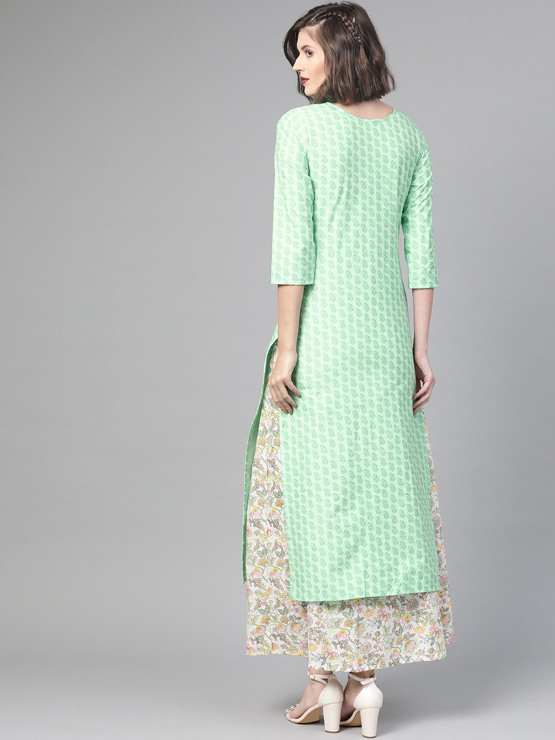 Women Green & Pink Straight Ethnic Motifs Printed Kurta And Skirt Set | LASVINI - Redefining Indian Fashion with Elegance