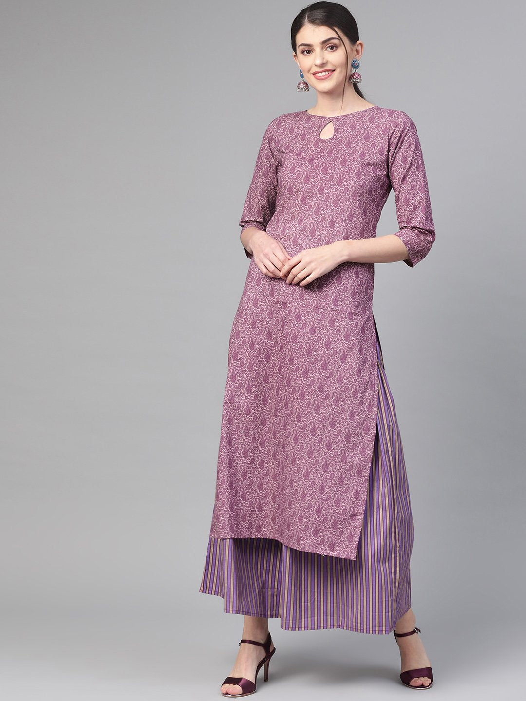 Women Mauve & Purple Straight Paisley Printed Kurta And Skirt Set | LASVINI - Redefining Indian Fashion with Elegance