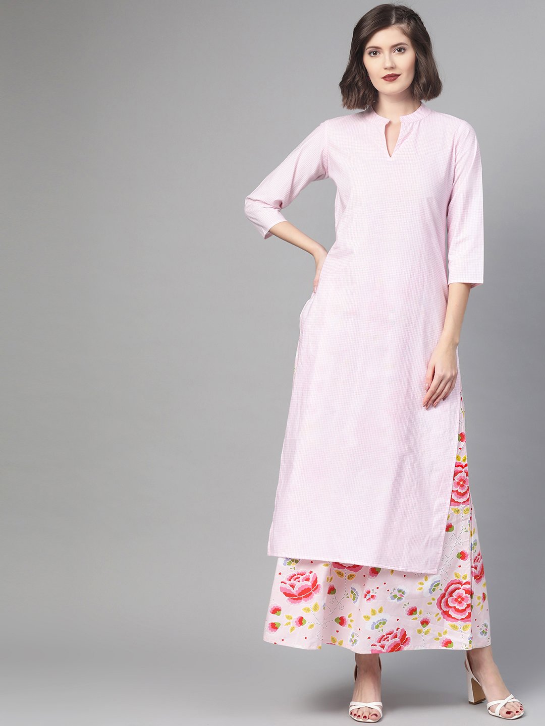 Women Pink & Red Straight Checked Printed Kurta And Skirt Set | LASVINI - Redefining Indian Fashion with Elegance