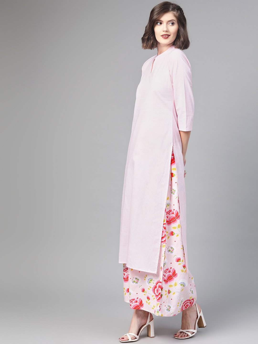 Women Pink & Red Straight Checked Printed Kurta And Skirt Set | LASVINI - Redefining Indian Fashion with Elegance