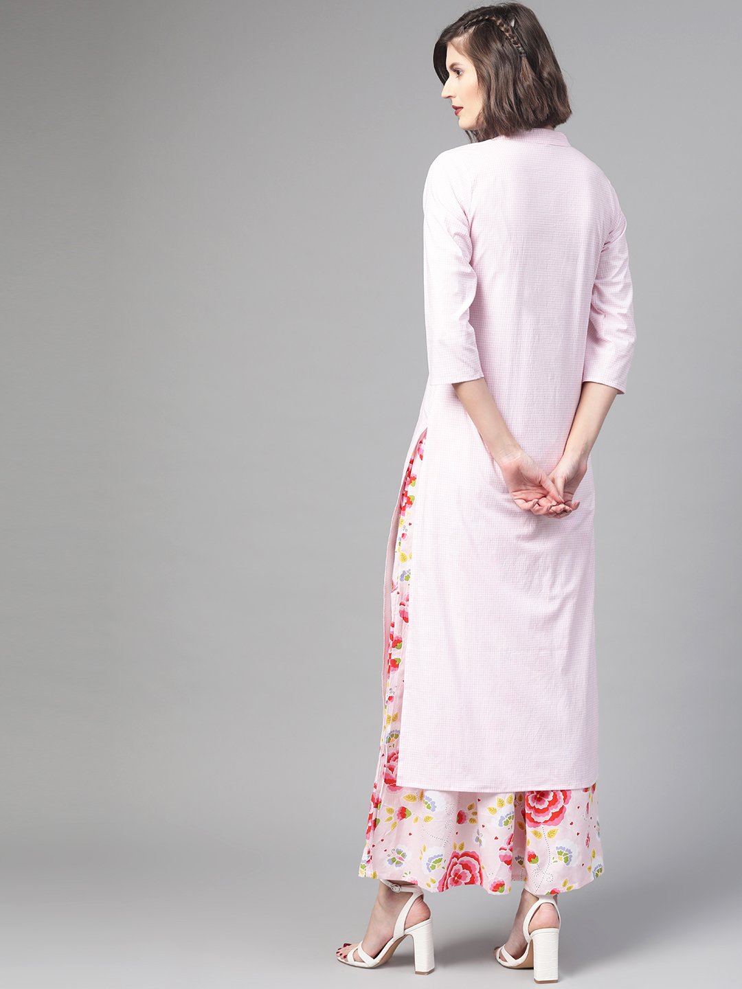 Women Pink & Red Straight Checked Printed Kurta And Skirt Set | LASVINI - Redefining Indian Fashion with Elegance