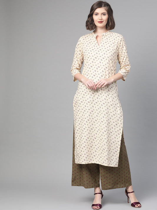 Women Cream & Olive Straight Floral Printed Kurta And Palazzos Set | LASVINI - Redefining Indian Fashion with Elegance