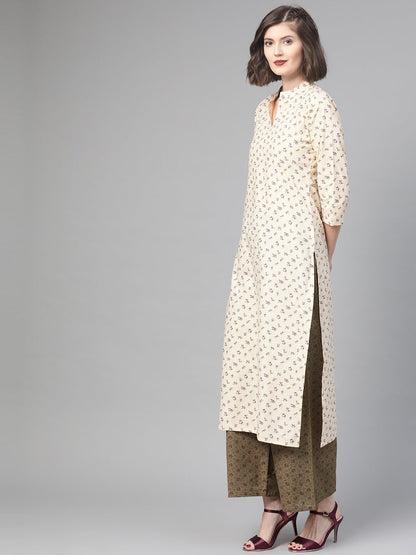 Women Cream & Olive Straight Floral Printed Kurta And Palazzos Set | LASVINI - Redefining Indian Fashion with Elegance