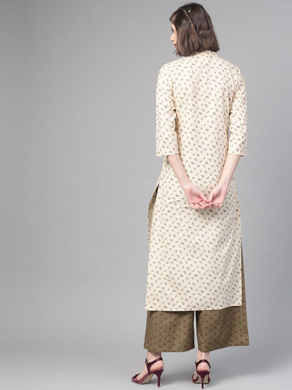 Women Cream & Olive Straight Floral Printed Kurta And Palazzos Set | LASVINI - Redefining Indian Fashion with Elegance