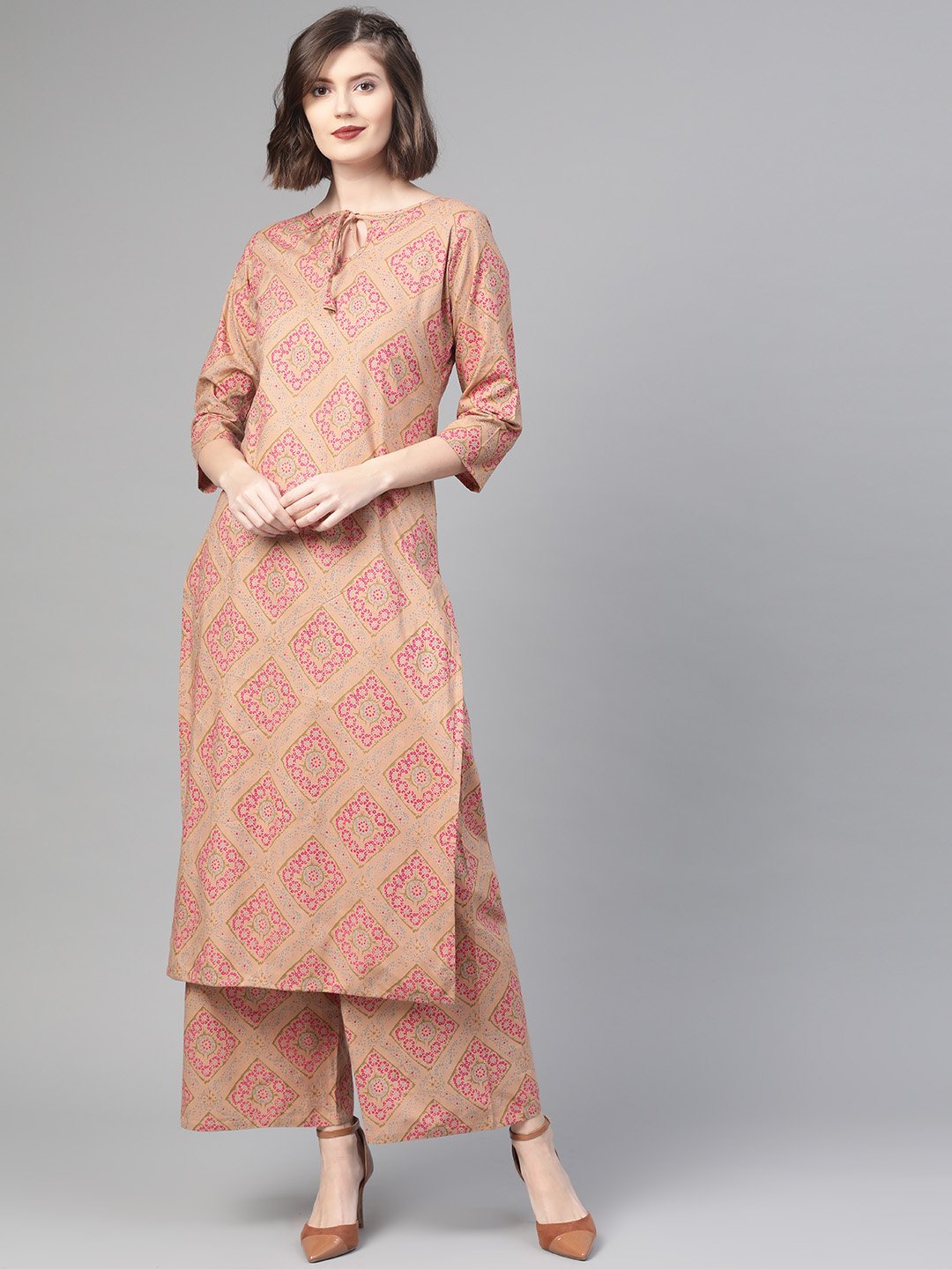 Women Beige & Pink Straight Geometric Printed Kurta And Palazzos Set | LASVINI - Redefining Indian Fashion with Elegance