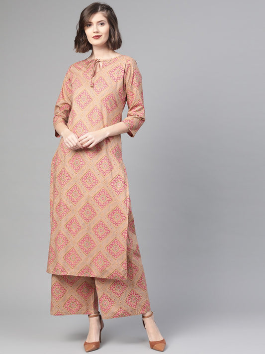 Women Beige & Pink Straight Geometric Printed Kurta And Palazzos Set | LASVINI - Redefining Indian Fashion with Elegance