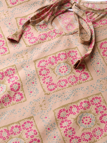 Women Beige & Pink Straight Geometric Printed Kurta And Palazzos Set | LASVINI - Redefining Indian Fashion with Elegance
