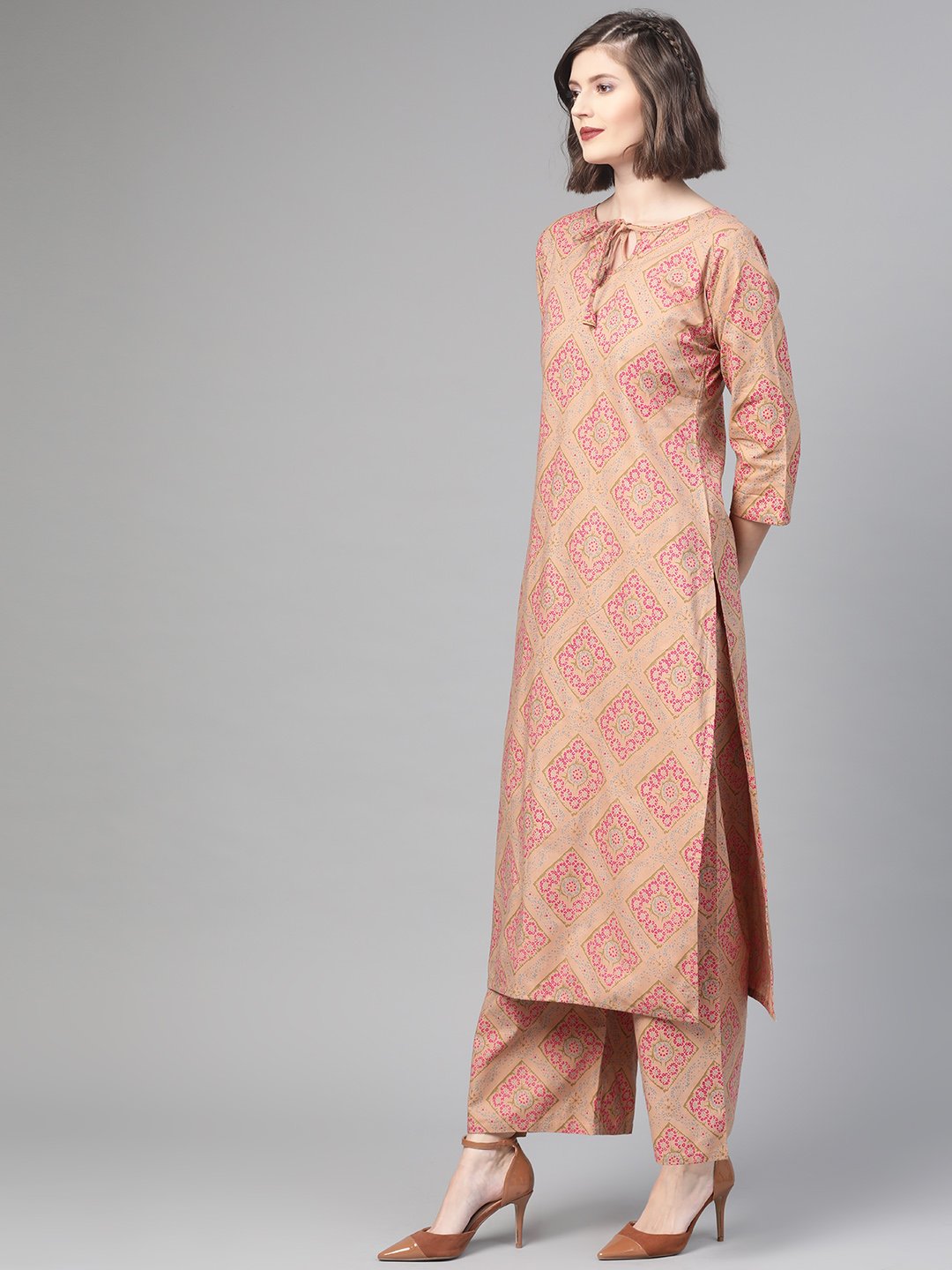 Women Beige & Pink Straight Geometric Printed Kurta And Palazzos Set | LASVINI - Redefining Indian Fashion with Elegance