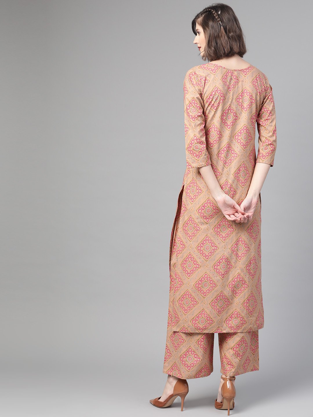 Women Beige & Pink Straight Geometric Printed Kurta And Palazzos Set | LASVINI - Redefining Indian Fashion with Elegance