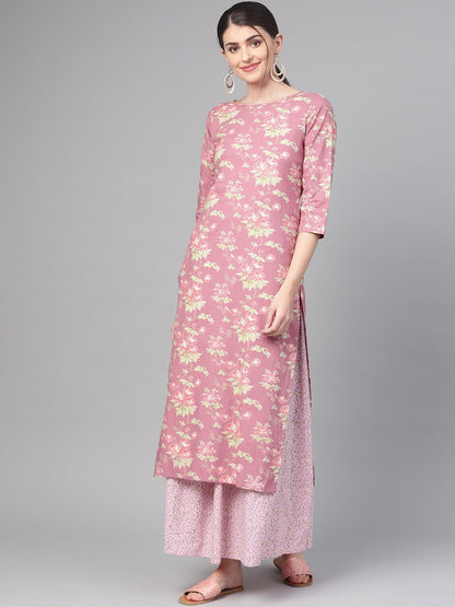 Women Pink & Green Straight Floral Printed Kurta And Skirt Set | LASVINI - Redefining Indian Fashion with Elegance