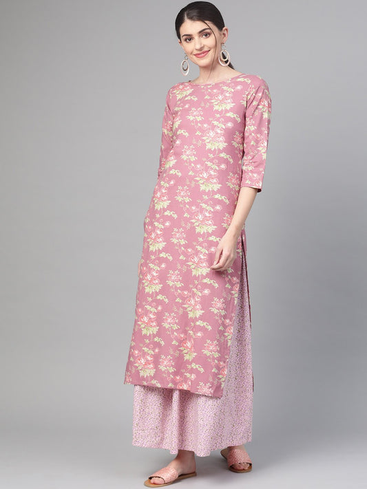 Women Pink & Green Straight Floral Printed Kurta And Skirt Set | LASVINI - Redefining Indian Fashion with Elegance