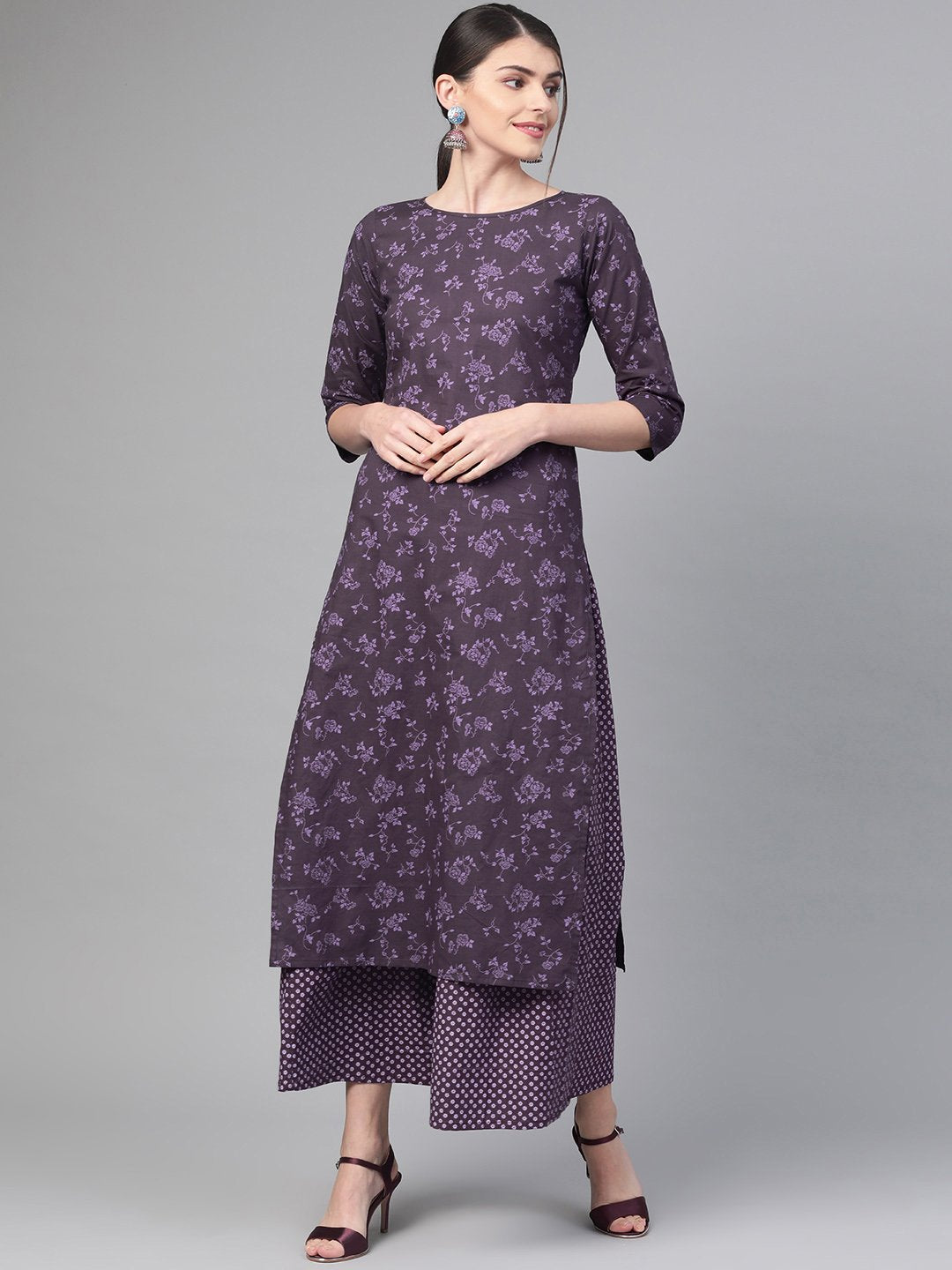 Women Purple &  Straight Floral Printed Kurta And Skirt Set | LASVINI - Redefining Indian Fashion with Elegance