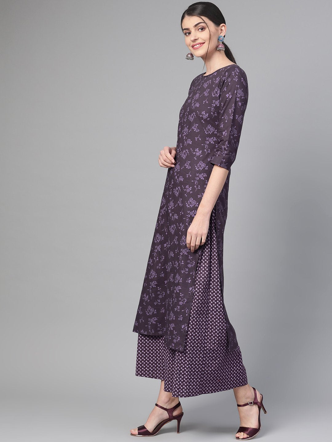 Women Purple &  Straight Floral Printed Kurta And Skirt Set | LASVINI - Redefining Indian Fashion with Elegance