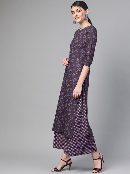 Women Purple &  Straight Floral Printed Kurta And Skirt Set | LASVINI - Redefining Indian Fashion with Elegance